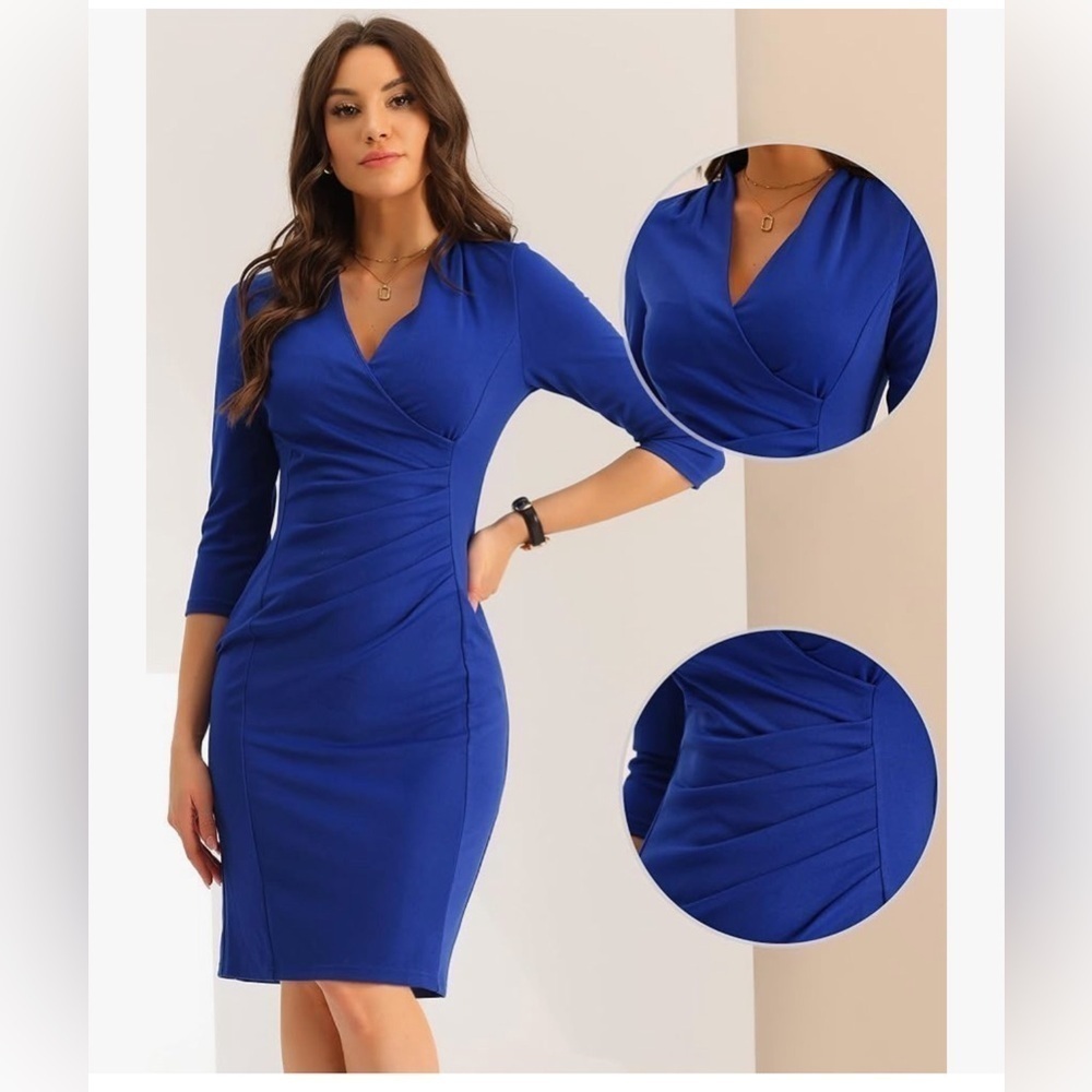 NWT Allegra K Pencil Work Dress for Women's 3/4 Sleeve V Neck Ruched Wrap